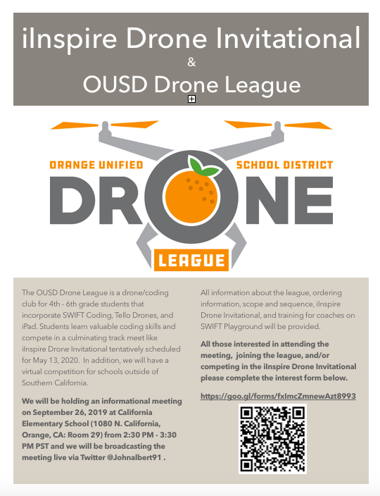 Dr_John_Albert's tweet photo. The @iInspire_CA Drone Invitational is taking flight! Teach your kids to #code with @SwiftPlayground Meeting on Thursday, September 26th from 2:30 PM - 4:00 PM PST live on Twitter @Johnalbert91 #OUSDDrones #Appledistinguishedschools #ADE2019 @AppleEDU
https://t.co/j89rgepYs3 https://t.co/N8cZ1ct11y