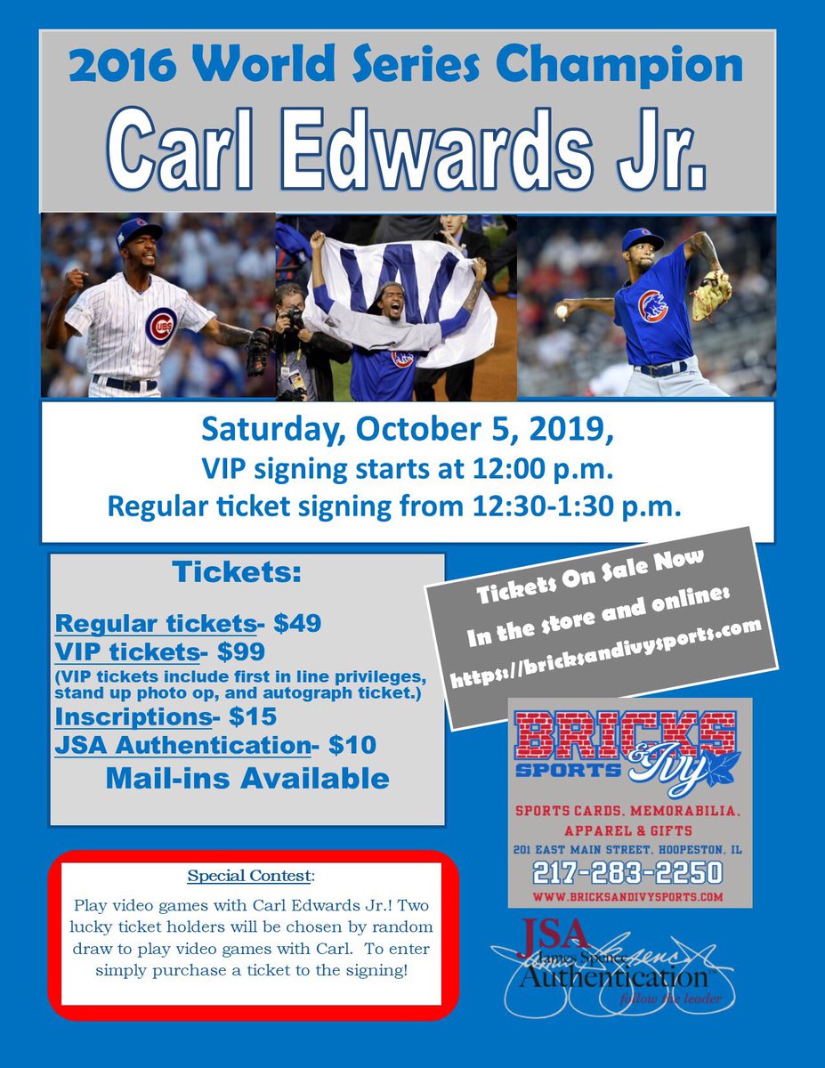 bricksandivysc's tweet photo. Carl Edwards Jr. will be in the store on Saturday, October 5! He will be playing video games with two lucky ticket holders!
Tickets are on sale now at https://t.co/3UbJBaslZp #WorldSeriesChampion #StringBeanSlinger #PlayVideoGameswithCJEdwards https://t.co/gdX0YGnXbY