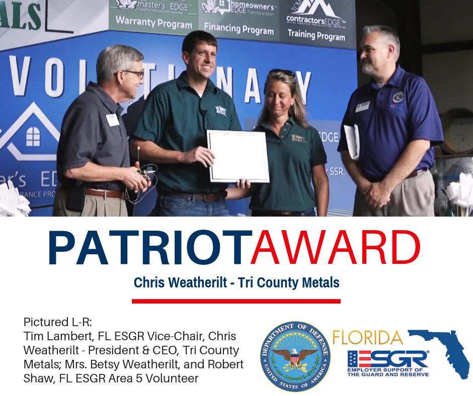 FL_ESGR's tweet image. #PatrioticEmployer Chris Weatherilt of Tri County Metals received the @DeptofDefense Patriot Award for his exceptional support of the members of the #GuardReserves employed by the organization. Award requested by 1SG David Grimes, Florida Army National Guard #ESGR @ESGR