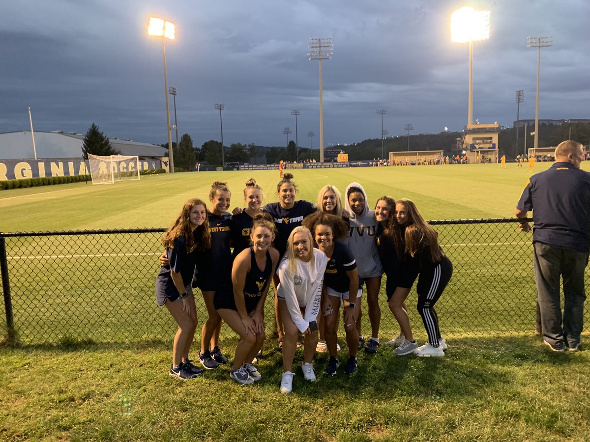 WVU Gymnastics supporting <a href="/wvuwomenssoccer/">WVU Women's Soccer</a> at their game against Penn State #wvuoneteam 💙💛⚽️ <a href="/WVUSAAC/">WVU Student-Athlete Development & SAAC</a>