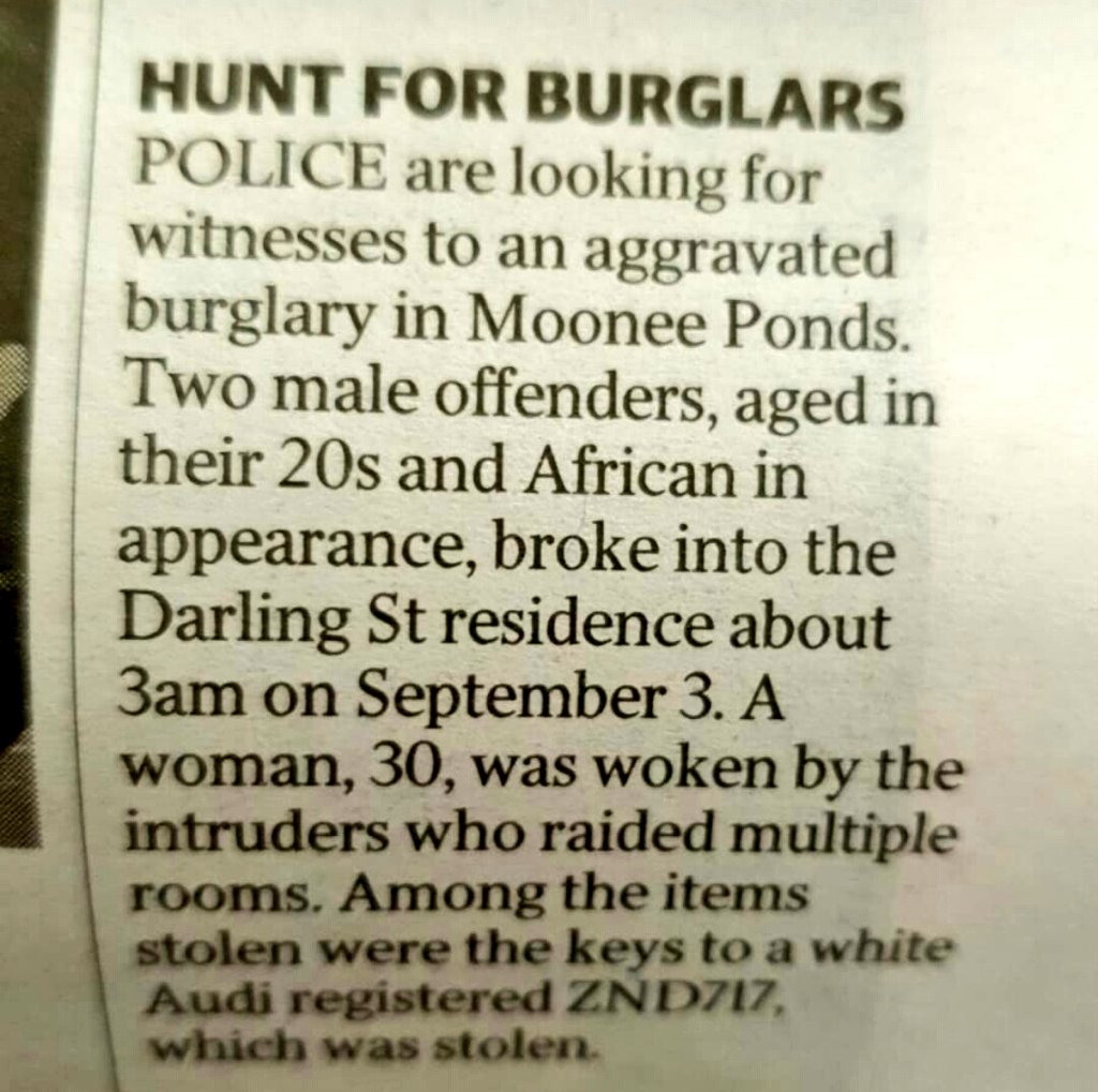 ozcrimenews's tweet photo. Melbourne | Moonee Ponds
African offenders home invasion, stole keys to vehicle. #3aw
Cc Sydney Brisbane Perth #africansagain #africangang @3AW693
#4bc @SkyNewsAust #couriermail #bringthemhere
#melbournebitesback must have been busy feeding their faces https://t.co/jOiELV36rw