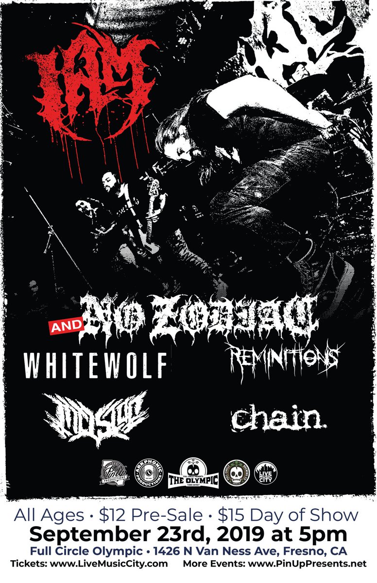 PinUpPresents's tweet photo. September 23rd @ the Full Circle Olympic in Fresno!

#IAm @NO_ZODIAC @WHITEWOLFCA @ReminitionsCA #Incision #Chains. 

ALL AGES!
Doors at 5pm!
$12 pre-sale
$15 at the door
🤘

#PinUpPresents #PinUpNorCal #PinupProductions #Fresno https://t.co/8XNXOMfdfv