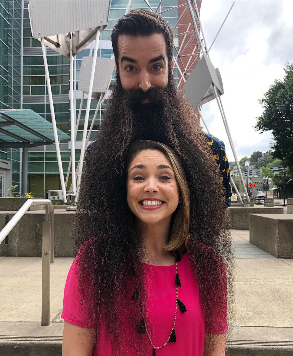 CassidyQuinn's tweet photo. I can’t grow a beard, so this is the closest I can get...! @MadisoneRowley has been growing his beard for 6 YEARS... now he’s chopping it! In honor of #WorldBeardDay (tmrw), he told me about the great cause he’s supporting w/ his haircut! Watch the intvw at 7 @CassidyTonight https://t.co/xs6lsNPmMF