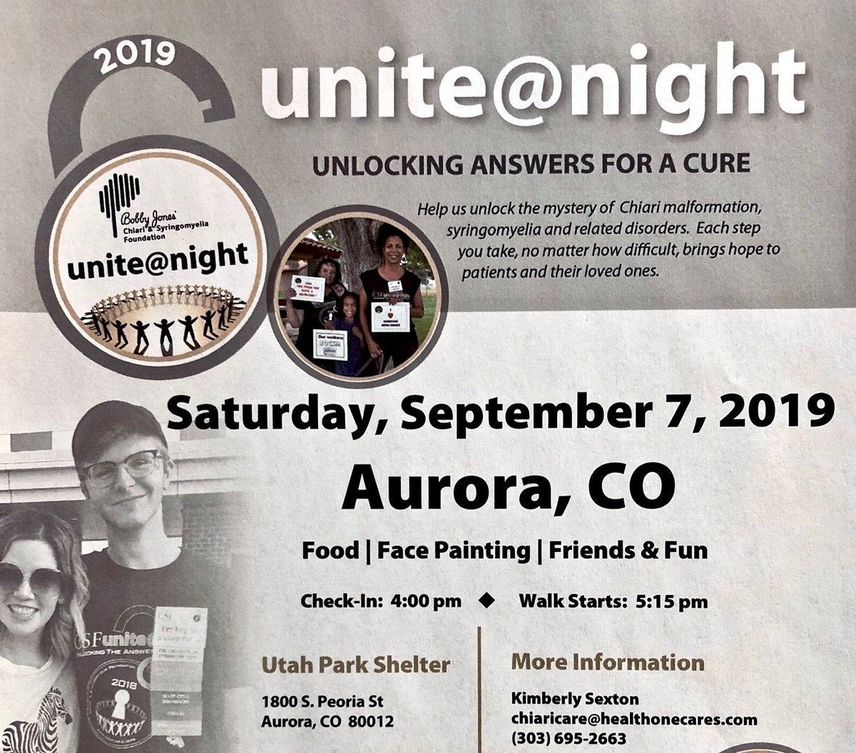 ChiariMedicine's tweet photo. Join us tomorrow at 4 or 4:30 pm for unite@night #Chiari walk at Utah Park in Aurora! Walk starts at 5:15 pm. @JohnOroMD  #syringomyelia https://t.co/BqUha4lCyT