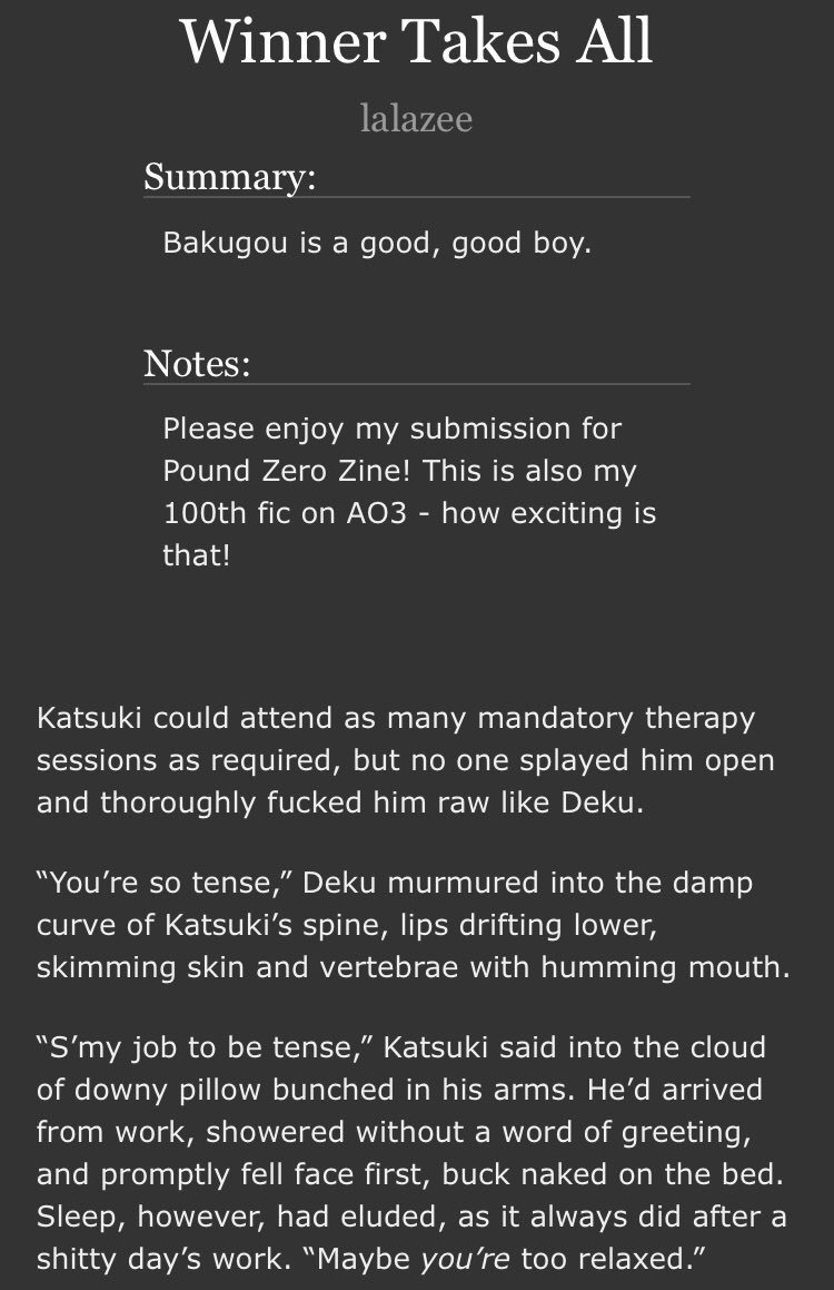 MY POUND ZERO PIECE IS FREED!
Winner Takes All | 2.5k | NSFW

bottom bkg, edgeplay, lowkey d/s
archiveofourown.org/works/20545874

💥 <a href="/poundzerozine/">Pound Zero💥CLOSED💥R18 Bakugou Zine</a> 💥