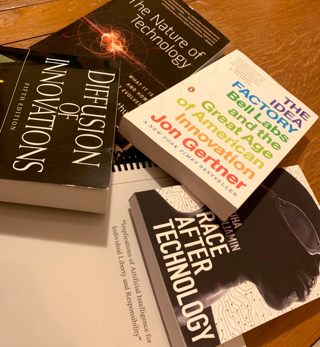racheldhumph's tweet photo. Today was a excellent #nerdmail day!! My texts for @BryanAlexander awesome @gu_ldt #Innovation class (including #DiffusionofInnovations, @sfiscience’s Brian Arthur, @jongertner &amp; @ruha9!) AND my reader for a conference on #Artificialintelligence all came!! #learning #technology https://t.co/5ooo1WmFVD