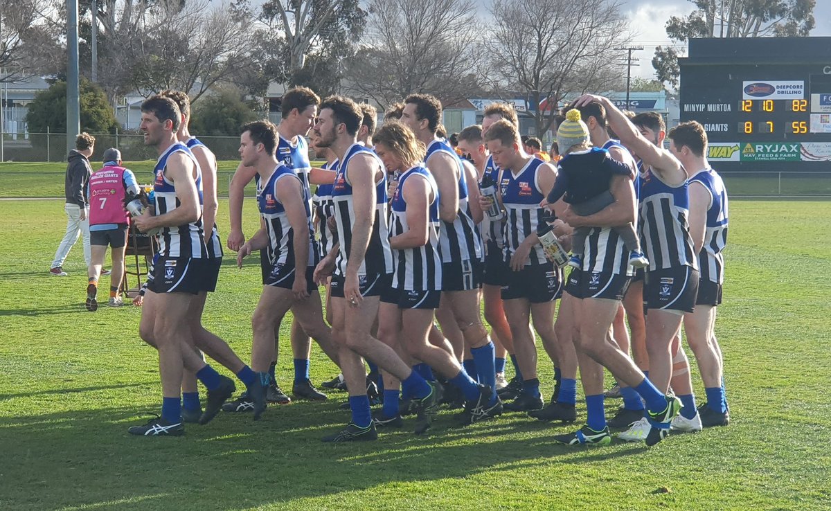 The Burras are grand final bound! John Delahunty leads his side off the field after beating the SM Giants 12.10 (82) to 8.7 (55). A great game played in testing conditions. @Wim_Mail_Times <a href="/TheBurras/">Minyip Murtoa</a>