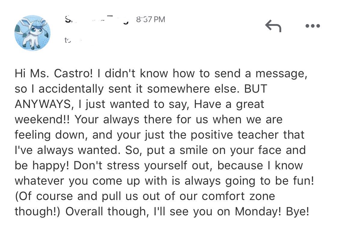 What better support system to have than that of your own students?! 🥰 Found this in my email tonight and I’m so thankful for the community we have built in our classroom. We empower others to explore their greatness! 💙 #WorldsGreatest