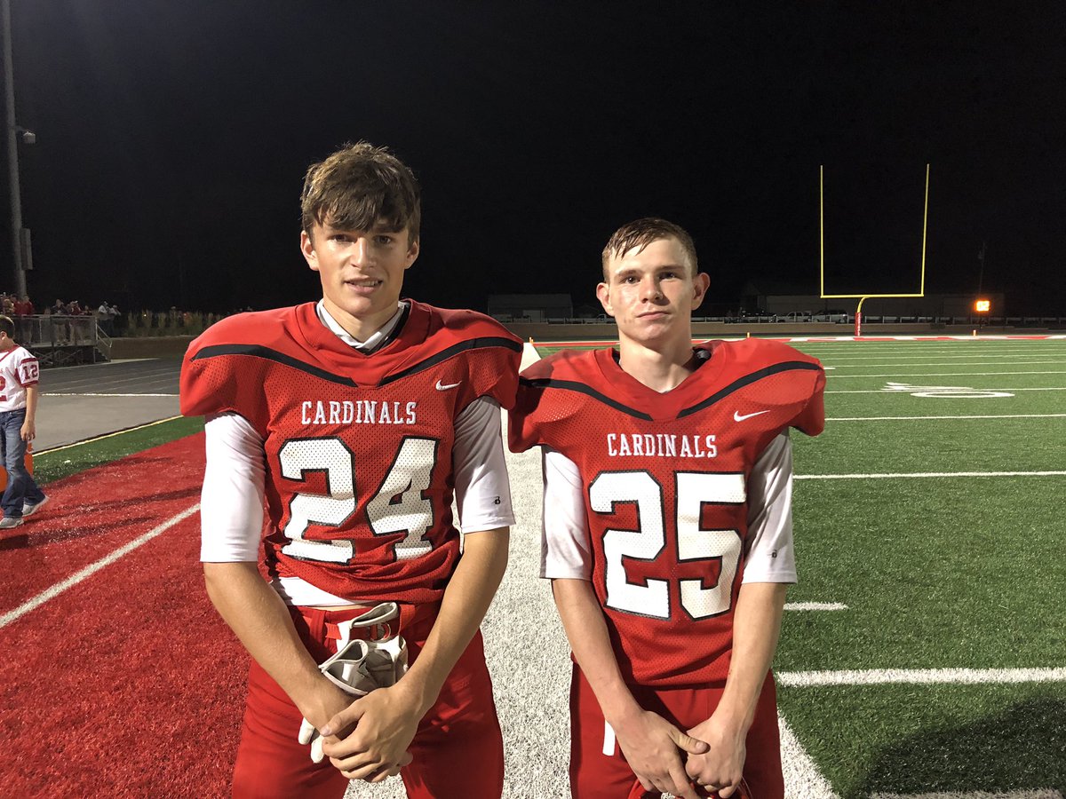 scottvicker's tweet photo. KMA players of the game: Haden Leymaster 167 total yards, 4 catches, 2 receiving TD, 1 kickoff return TD; William Gillis 10 tackles, 1 sack, 2 fumble recoveries #kmasports #iahsfb https://t.co/g2h4sYo8fc