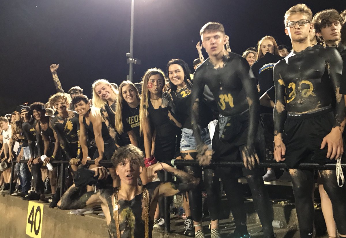 NeoshoHighSS's tweet photo. Blackout student section was full this week, our boys got the dub, and band, cheer, dance, and ROTC were 🔥 https://t.co/iauFfRE5pg