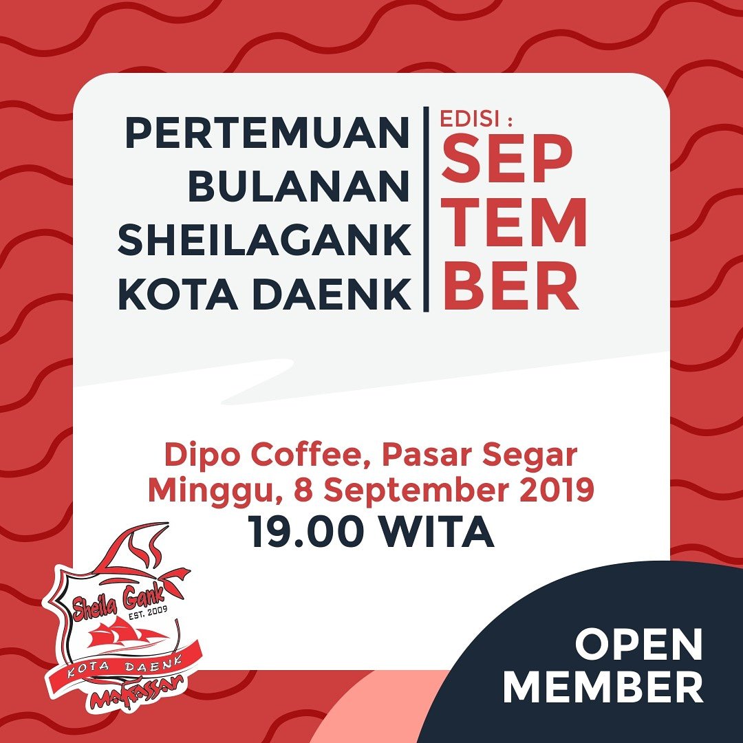 Halo ganks?  Kabar gembira buat yg sering tanya-tanya "mau gabung ? Kapan open member ? Apa-apa syaratnya jadi member Sheilagank ? " Jadi silahkan datang langsung di pertemuan bulanan yaah 😊
📆 : Minggu, 08 September 2019 
⏰ : 19.00 WITA - Selesai
📍 : Dipo Coffee
Sampai Ketemu