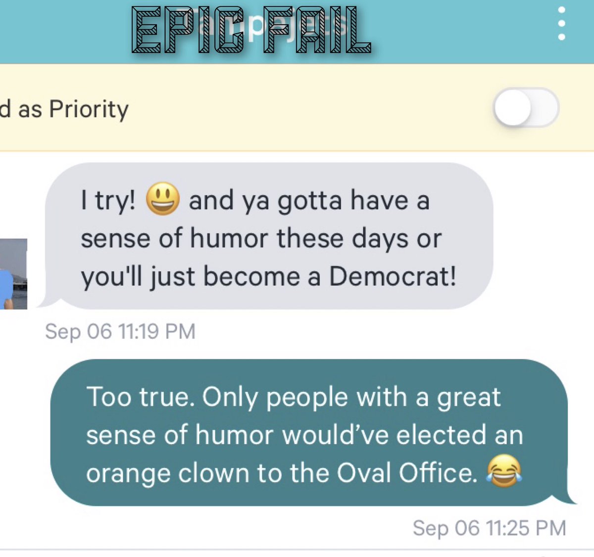 1SleepyMermaid's tweet photo. Fellow #Resisters should get a kick out of this #POFfail from tonight. He started in with politics in his second message. Always a bad idea. This kind of guy is #WhyImSingle and another reason to #VoteBlue. #VoteBlue2020 #VoteBlueToSaveAmerica #VoteBlueNoMatterWho2020 https://t.co/hIji5OVrhE