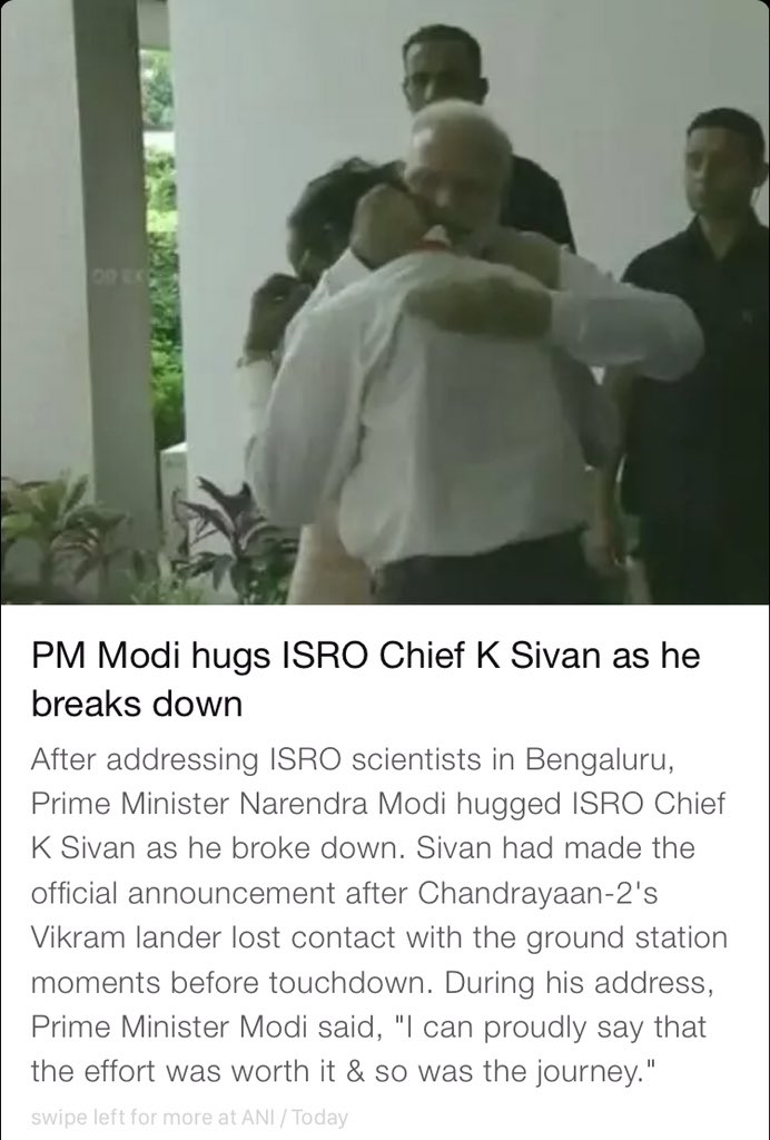 AnupamPKher's tweet photo. Dear PM @narendramodi ji!! Your speech at @isro will remain one of the most inspirational speeches ever. Your affectionate and emotional hug to #Isro Chief K.Sivan is a visual that will be etched in every Indian’s  memory for years. You make us feel protected. Thank you.🙏🙏🇮🇳 https://t.co/XMf1f7Dyxs