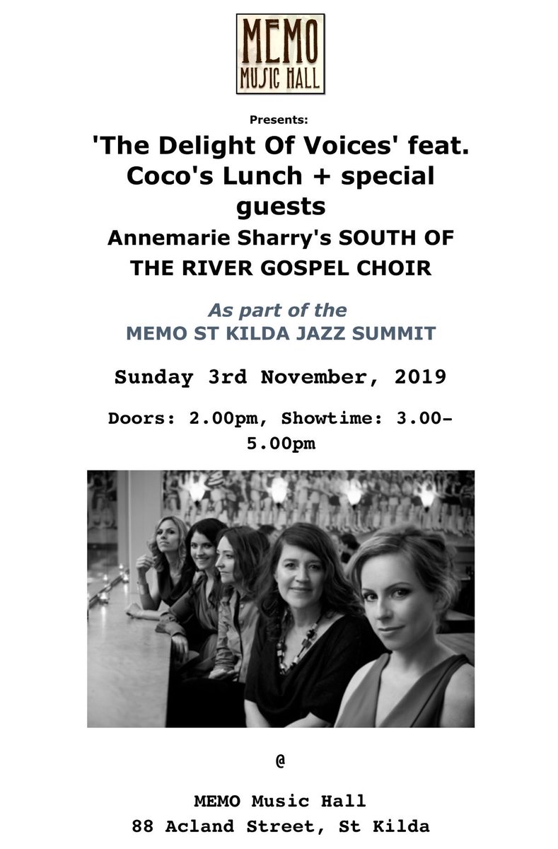Upcoming #cocoslunch show ⭐️ Pre-sale tickets 10% off till this Monday 9th. USE PROMO CODE:  jazzsummit19 ⭐️ Bookings trybooking.com/book/event?emb…