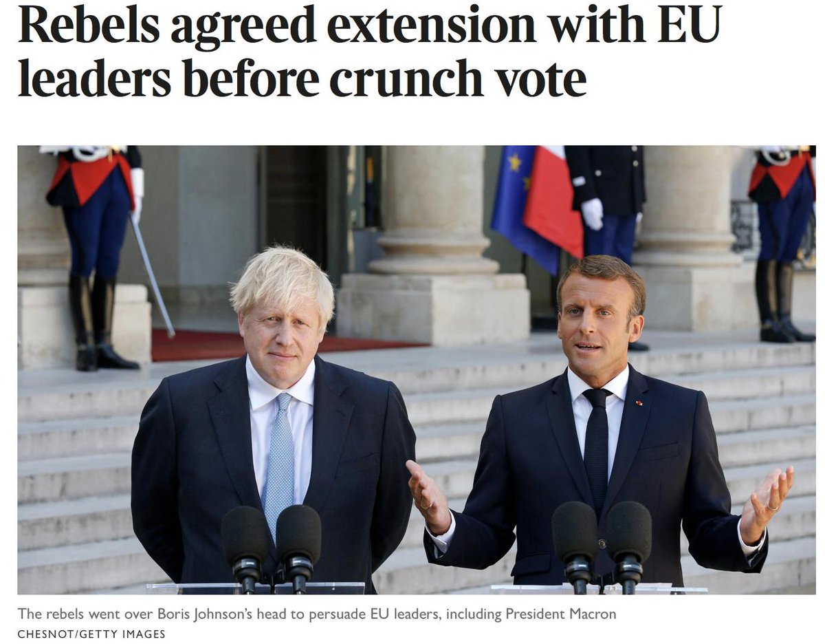 Et pour votre gouverne, selon The Times ce matin - avant de passer la loi obligeant Johnson à demander un nouveau report de 3 mois du Brexit, l'opposition GB (et quelques conservateurs qu'il a virés) auraient obtenu une garantie de la part de l'UE que ce report sera consenti ...