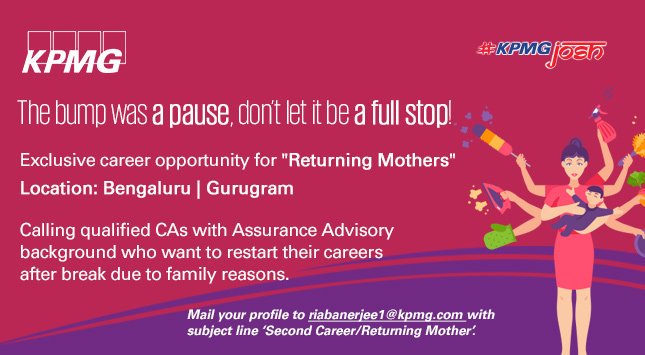 Uday_Sanghani's tweet photo. At @KPMGIndia, we are committed to supporting #ReturningMothers in resuming work and integrating back into the corporate world. If you are a #qualifiedCA with #AssuranceAdvisory background wanting to restart your career, do connect for opportunities. #KPMGjOSH #HappyAtKPMG https://t.co/JMYgan7Eqt