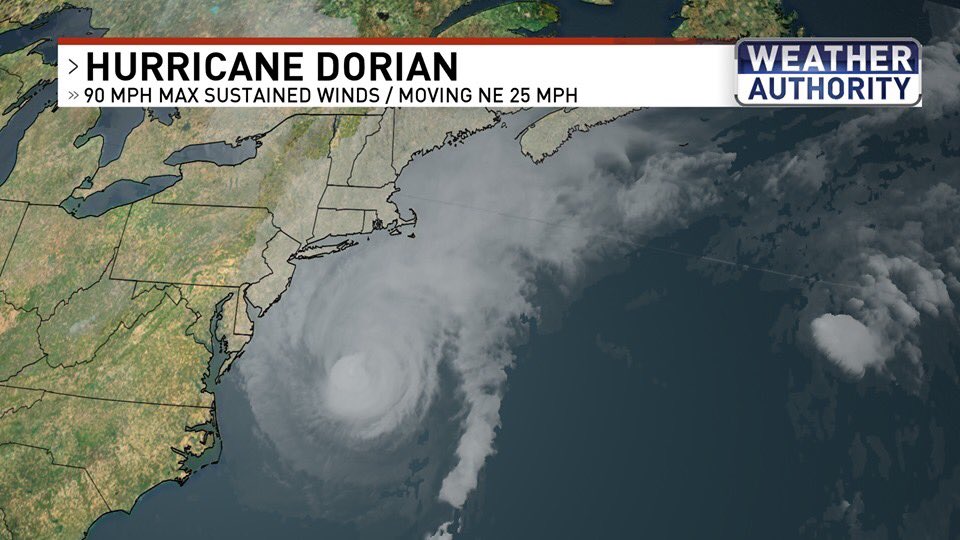 ChloeKoast's tweet photo. #Dorian is still a powerful Category 1 hurricane with sustained winds of 90 mph. It's currently moving northeast at 25 mph and taking aim at eastern Canada. #WeatherAuthority #HurricaneDorian #TrackingDorian @News3LV https://t.co/yRyoBjTkUJ