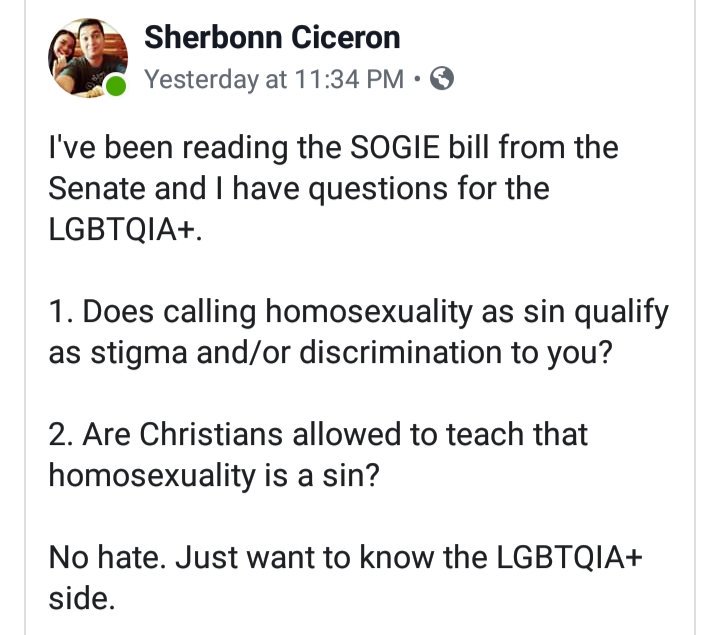 #SOGIEEqualityNow advocates,

1. Does calling homosexuality as sin qualify as stigma and/or discrimination?

2. Are Christians allowed to teach that homosexuality is a sin?

I hope your answers would help educate those neutral/against the SOGIE Equality Bill.