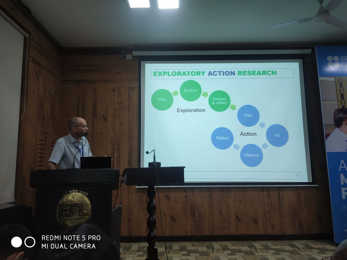 ashok30chavan's tweet photo. The steps in action research, exploratory research and exploratory action research were explained by @jasonelt at seminar #aarms2019
 @efluniversity
Wonderful and insightful experience to hear Jason Anderson!
@RichardSmithELT @prebolledoc @amolpad 
@RadhikaEd @nisarshaikh__7 https://t.co/gXB2co25AV
