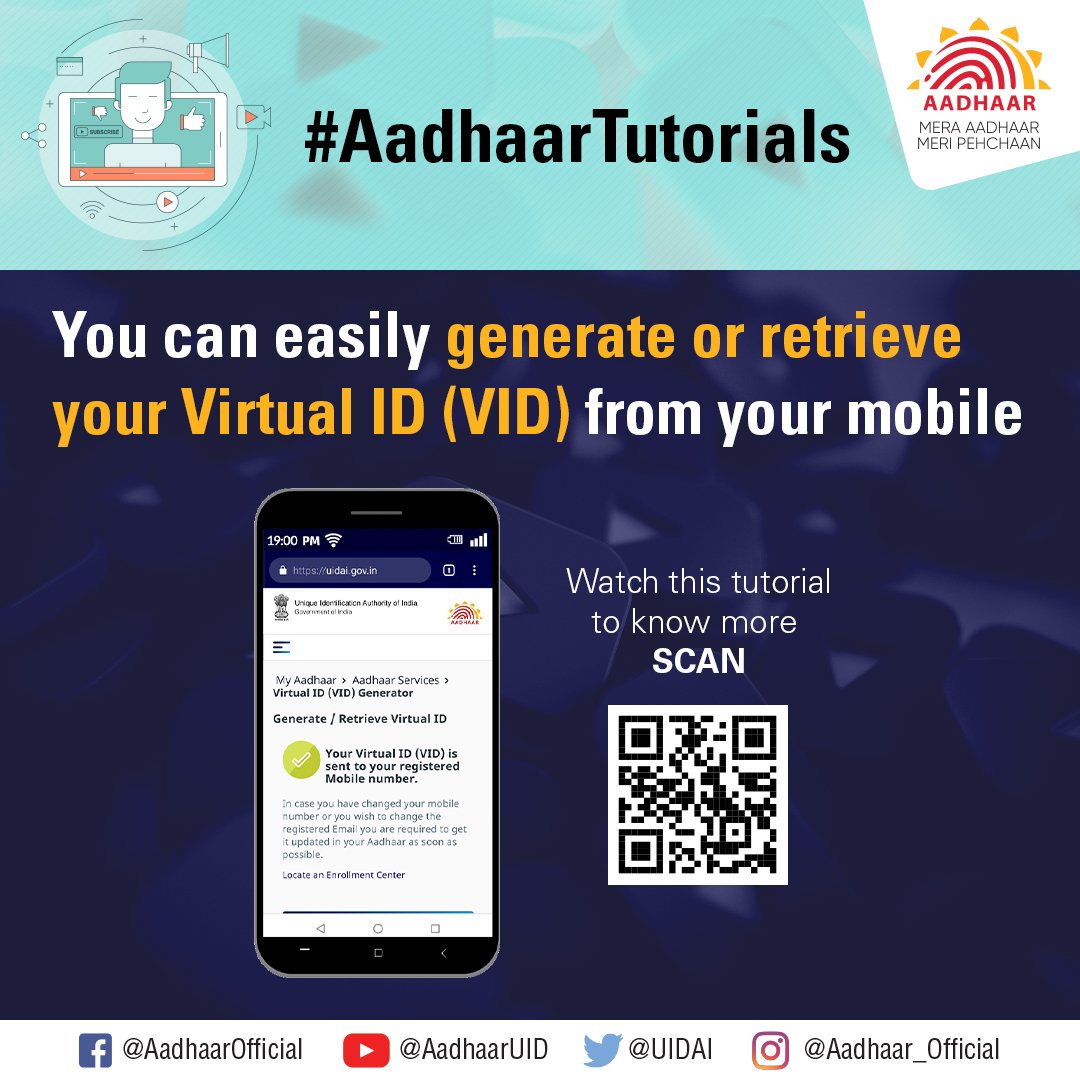 #AadhaarTutorials
Watch the video youtu.be/fujG3Y3uxuQ to know how you can generate or retrieve your 16-digit Virtual ID or VID from your mobile.