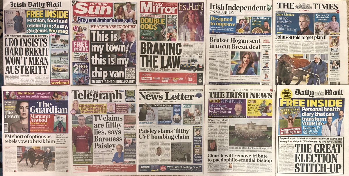 SATURDAY HEADLINES......PM SHORT OF OPTIONS AS REBELS VOW TO BREAK HIM.....BRUISER HOGAN SENT IN TO CUT BREXIT DEAL.....TV CLAIMS ARE FILTHY LIES, SAYS BARONESS PAISLEY....BREAKING THE LAW.....