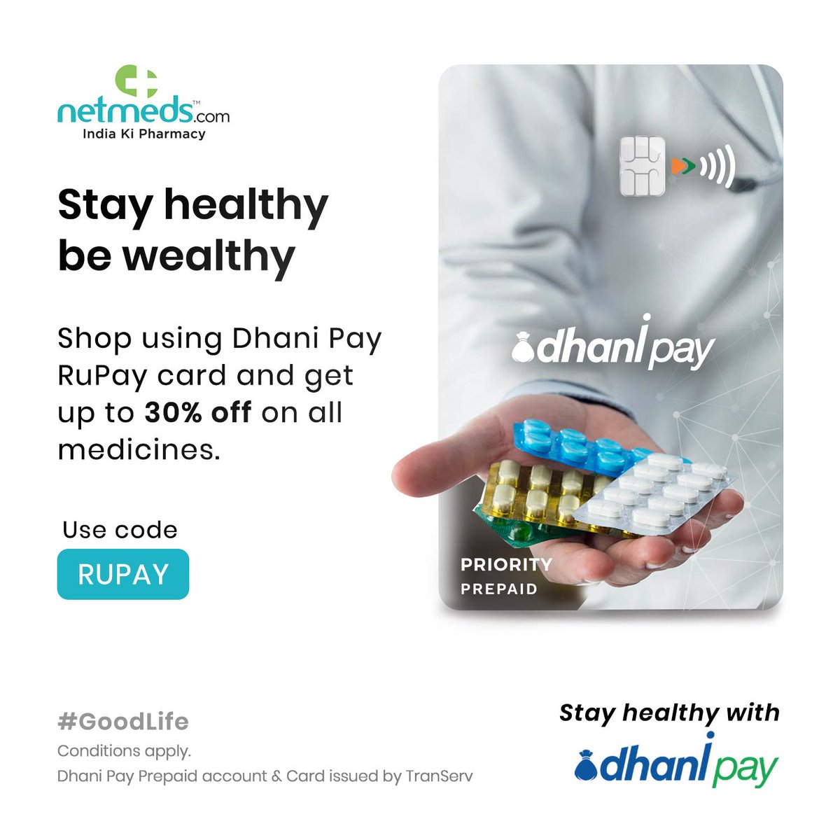 What else is more important than money? Your health! Dhani Pay has that covered too. Order medicines with Dhani Pay card and get 30% off on all medicines. Order card now at nudg.in/dhpy