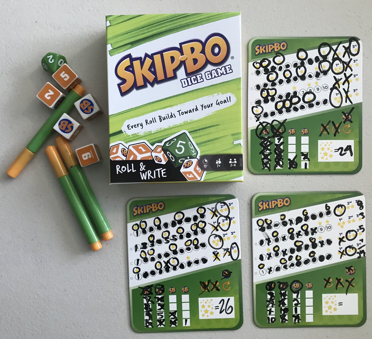 Skip-Bo Roll and Write Dice Game for Kids, Adults and Family Night with 4  Dry-Erase Pens and Boards 