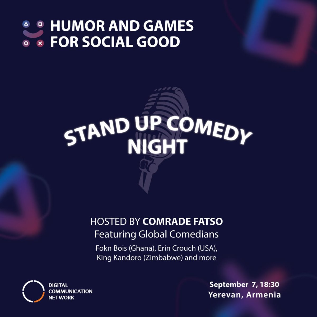 ComradeFatsooo's tweet photo. Tonight I'm proud to curate and host an evening of comedy and laughter featuring some amazing comics from Africa, USA and Europe. We got the raucous @FOKNBOIS, rising star @KingKandoro, US comic Erin Crouch and more!

#HumorGames 
#LiveInArmenia https://t.co/k6tiZCojWF