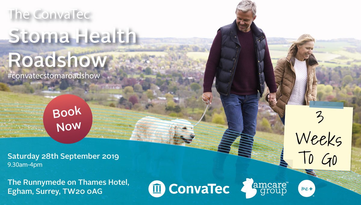 ConvatecStomaUK's tweet image. Only 3 weeks to go until the ConvaTec #StomaHealthRoadshow in Surrey! Come &amp;amp; meet others with a stoma, get involved in a range of workshops + lots more! Food &amp;amp; drinks provided + free parking. Sessions are limited! Book now! bit.ly/2YlOjtL

#ileostomy #urostomy #colostomy