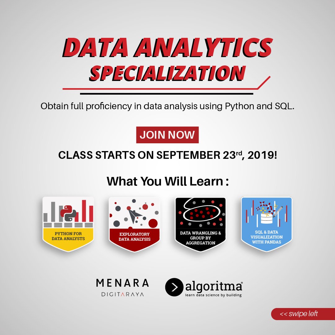 Algoritma Data Science School V Twitter Salah Satu Kelas Di Algoritma Adalah Data Analytics Specialization Kelas Ini Sangat Cocok Untuk Pemula Yang Ingin Belajar Data Science Kelas Berikutnya Akan Diadakan Pada Tanggal