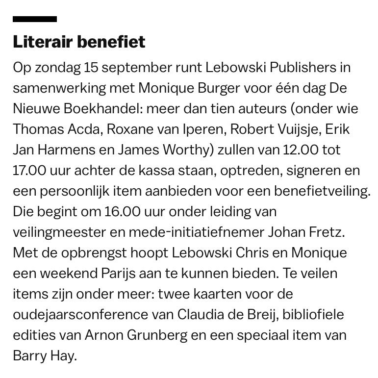 OscarvanG's tweet image. Vandaag in @parool: indrukwekkend interview met Monique Burger, onder de kop “Jubileum met donkere wolken”. Haar man is ernstig ziek en de verkoop van de boekwinkel ging last minute niet door. Om Monique en Chris te steunen organiseren we een benefiet: parool.nl/amsterdam/nege…
