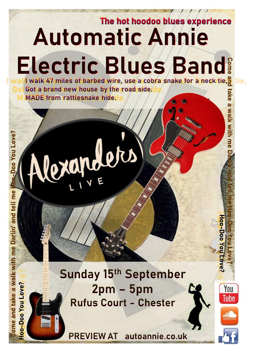 automatic_annie's tweet photo. Sunday 15th September 2pm to 5pm at Alexander's Live Chester for #blues with #automaticannie. Expect smooth blues, and jazz. https://t.co/th2I5S97dD