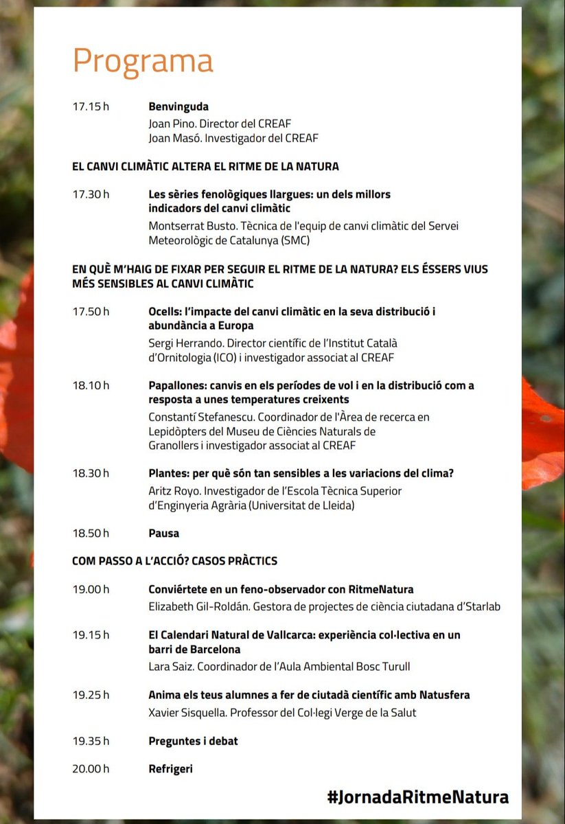 CREAF_ecologia's tweet photo. Ets mestre? 

T'agradaria innovar i descobrir amb els teus alumnes com està canviant el ritme de la natura amb el #canviclimàtic ?

Aquesta és la teva jornada!!

⏰ 30/09 de 17'15h a 20h
📌 @iec (BCN)

https://t.co/yjrTEOnB0L https://t.co/q83EpFKEf3