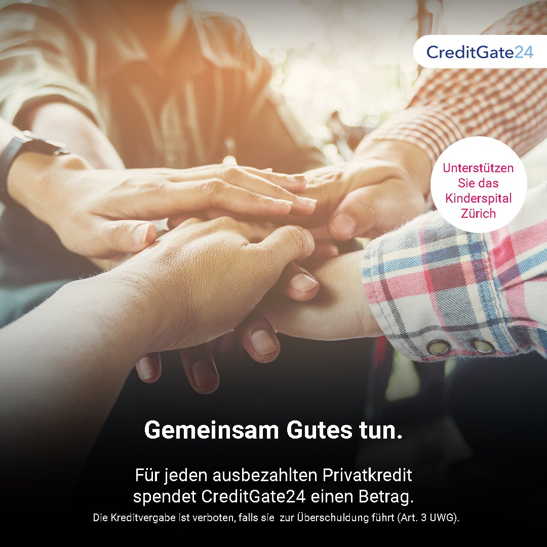 CreditGate24 unterstützt das Kinderspital Zürich 
Für jede ausbezahlte private Finanzierung spendet CreditGate24 einen Betrag an das Kinderspital. bit.ly/2lWYDqq #lending #fintech #swiss # socialengagement