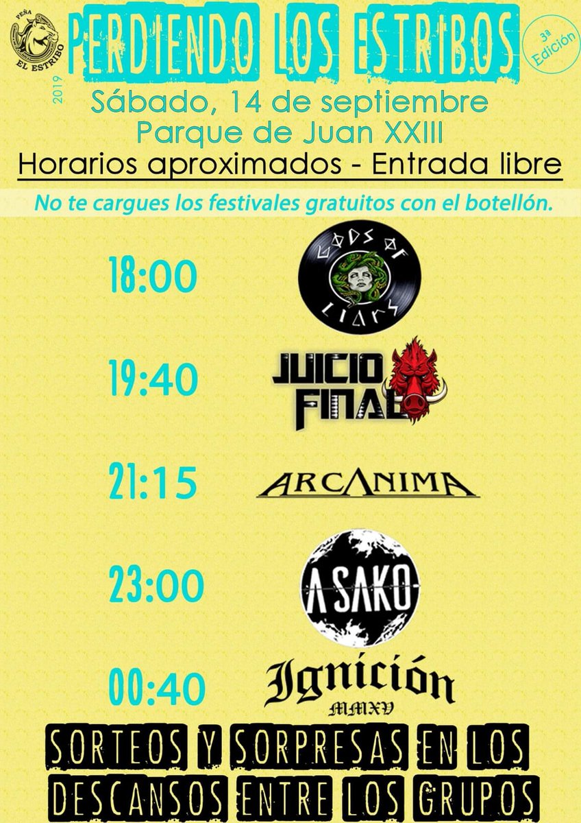 arcanimametal's tweet photo. Tan sólo queda una semana para tocar en el #PerdiendolosEstribos, os dejamos el horario de las bandas. Habrá música, sorteos y muy buen rollo.
@Elestribo_gmnl 
#Gamonal #Arcanima #Burgos #Burgosenelmundo #heavymetal #Burgosmola #festival #cyl #metal #rock #música #concierto https://t.co/npa8OQyd3K