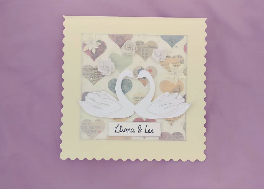 JulieIrisDesign's tweet photo. A wedding card I made last month. Two swans, surrounded by origami flowers, with some jewel detail  ❤️
#Swans #love #weddingseason #wedding #Origami #paperart #paper  #Recycle #recycled #crafting #craft https://t.co/XqQzXdQWND