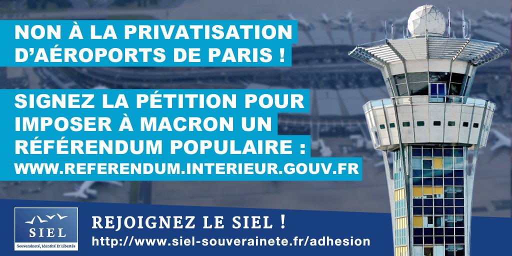 En vendant #ADP, #Macron s’apprête à aliéner une part de la souveraineté territoriale de la France.
Le peuple français ne peut se laisser déposséder de ses actifs stratégiques sans réagir.
Un #référendum s’impose. 
Je compte sur votre signature pour l’imposer au gouvernement.