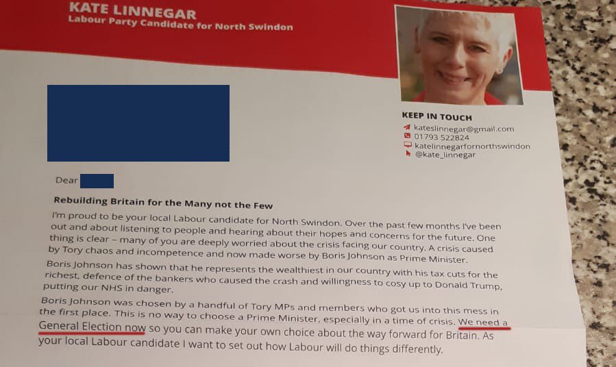 ✉️Landing on doormats today... Corbyn running scared, hard-left Kate Linnegar demands an election now.

🤦‍♀️#couldntmakeitup