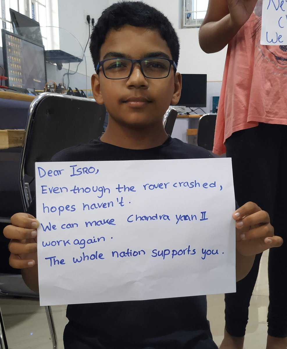 Harishvardhana's tweet photo. Our Makers have a special message to #ISRO.
"Though the Rover crashed, Our Hopes Haven't. We would send another and succeed."
@isro
@PMOIndia
#vikramPragyanLandsMoon #VikramLander #Chandrayan2 #ksivan #pmmodi #sprobotics #makerlab #kottivakkam https://t.co/kQoPiNfY5H https://t.co/UWG8h1tjJT