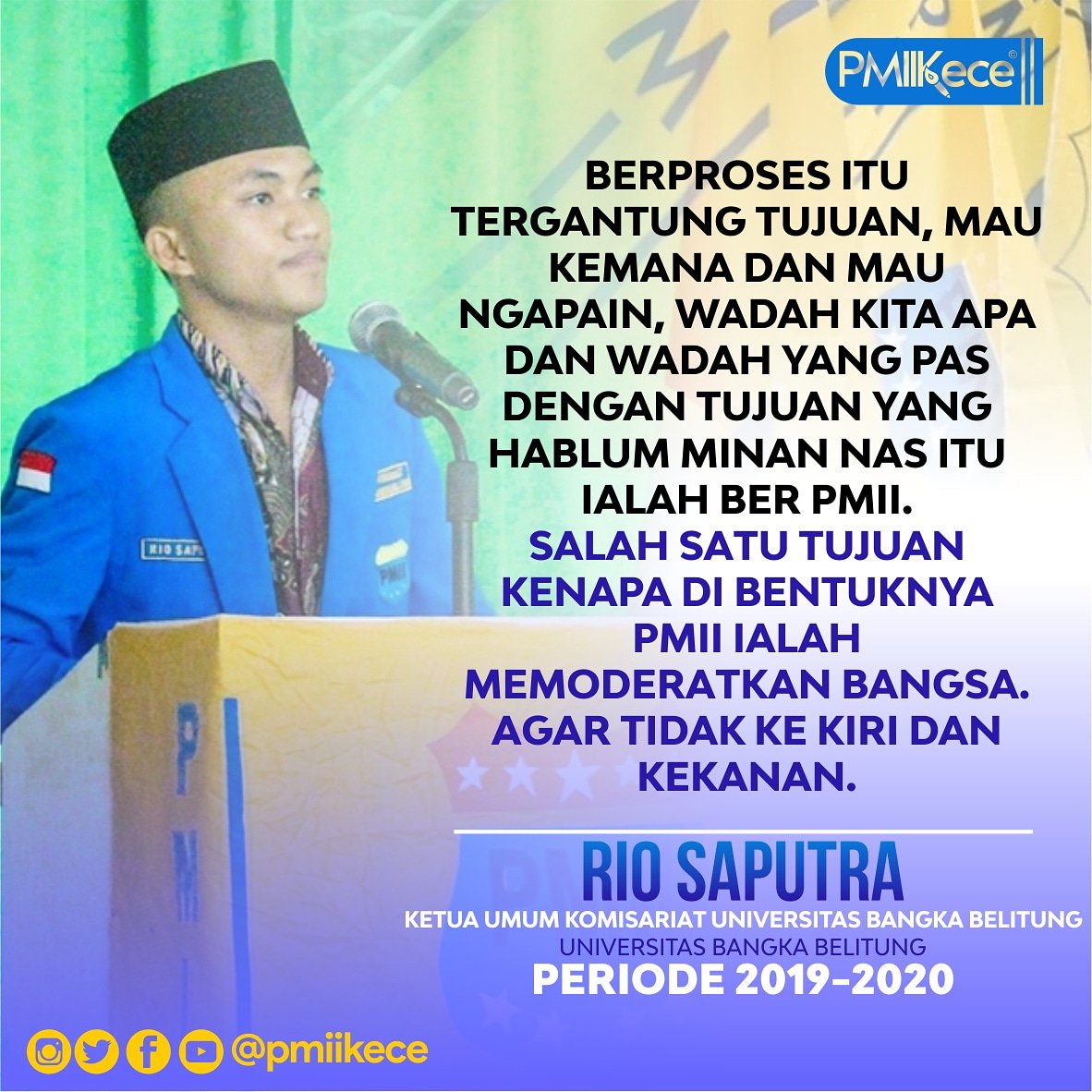Berproses itu tergantung tujuan, mau kemana dan mau ngapain, wadah kita apa dan wadah yang pas dengan tujuan yang hablum minan nas itu ialah ber PMII. Salah satu Tujuan kenapa di bentuknya PMII ialah Memoderatkan Bangsa. Agar tidak ke kiri dan kekanan.

Rio Saputra