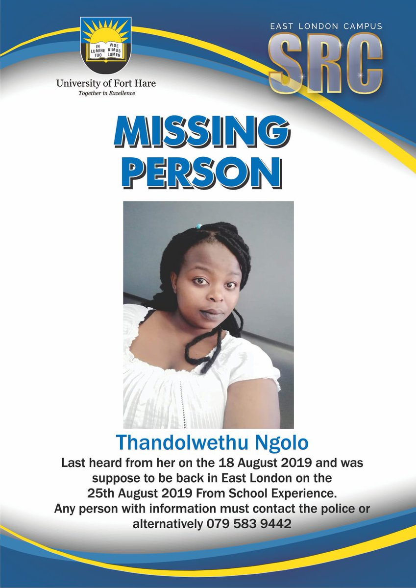 WhereAreThey_SA's tweet photo. MISSING PERSON Thandolwethu Ngolo : Last heard from on the 18th of August 2019. She was supposed to be back in East London on the 25 of August 2019. 

Please contact: 079 583 9442 or the police if you have any information. #MissingPerson #SouthAfrica #AmINext #Femicide #GBV https://t.co/u4WEaGqeGv
