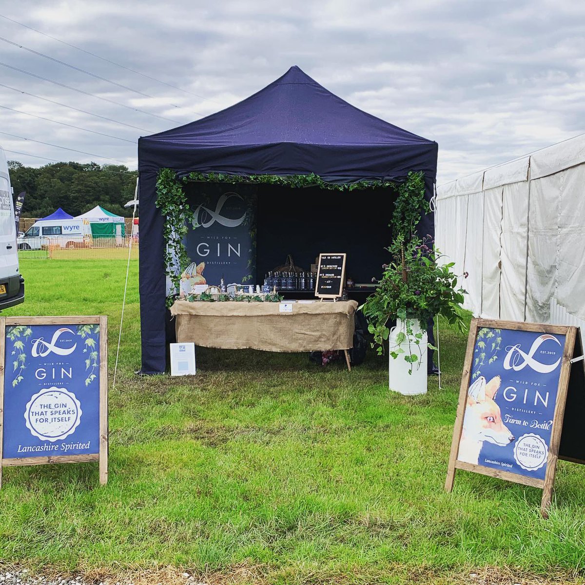 All set up <a href="/LancashireGame/">Lancs Game Festival</a> &amp; country fair - here all weekend ring side, next door to the VIP tent where we are also being served 🦊🌿

#wildfoxgin #lancashirespirited #farmtobottle #ivyssignature #ivysorchard