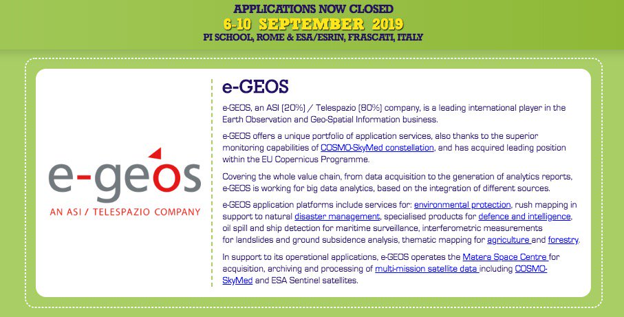 e_geos's tweet photo. .@phiweekbootcamp #e_GEOS is present as resource provider of #COSMOSkyMed Radar data and with Vittorio Gentile RESOURCE MENTOR, Senior #Radar Application developer. Enjoy the Challenge!
#futureeo #PhiWeek #phiLab #EOOpenScience @ESA_EO #EO #AI thanks to @ASI_spazio https://t.co/Gg2T5CXjJg