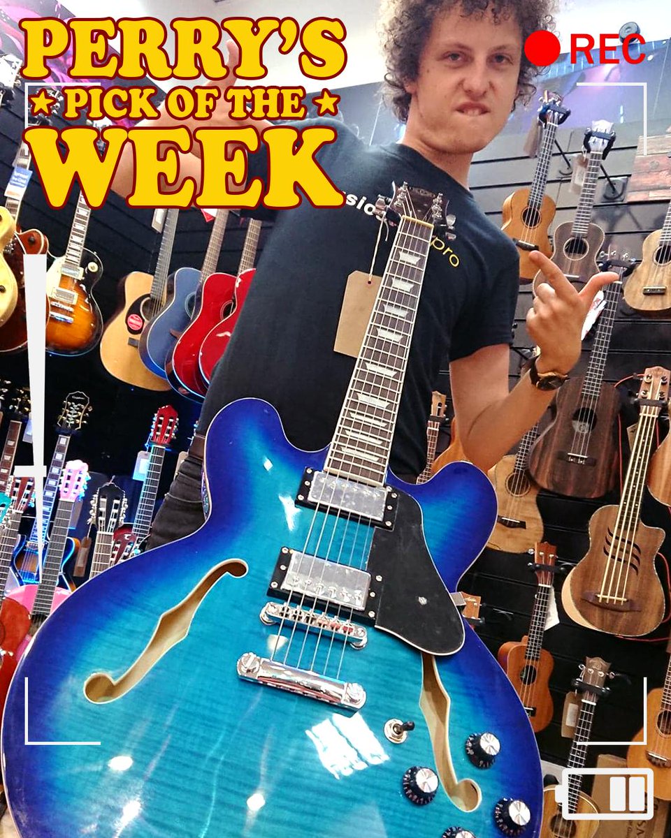 musicstorepro's tweet photo. Perry's causing a storm this week with an absolute beauty 😍 This Isuzi M1-BL Flamed Maple Electric Jazz Guitar in eye-watering Blue is only £369 and is available on 0% Finance in store only! https://t.co/N8mpZXMt86