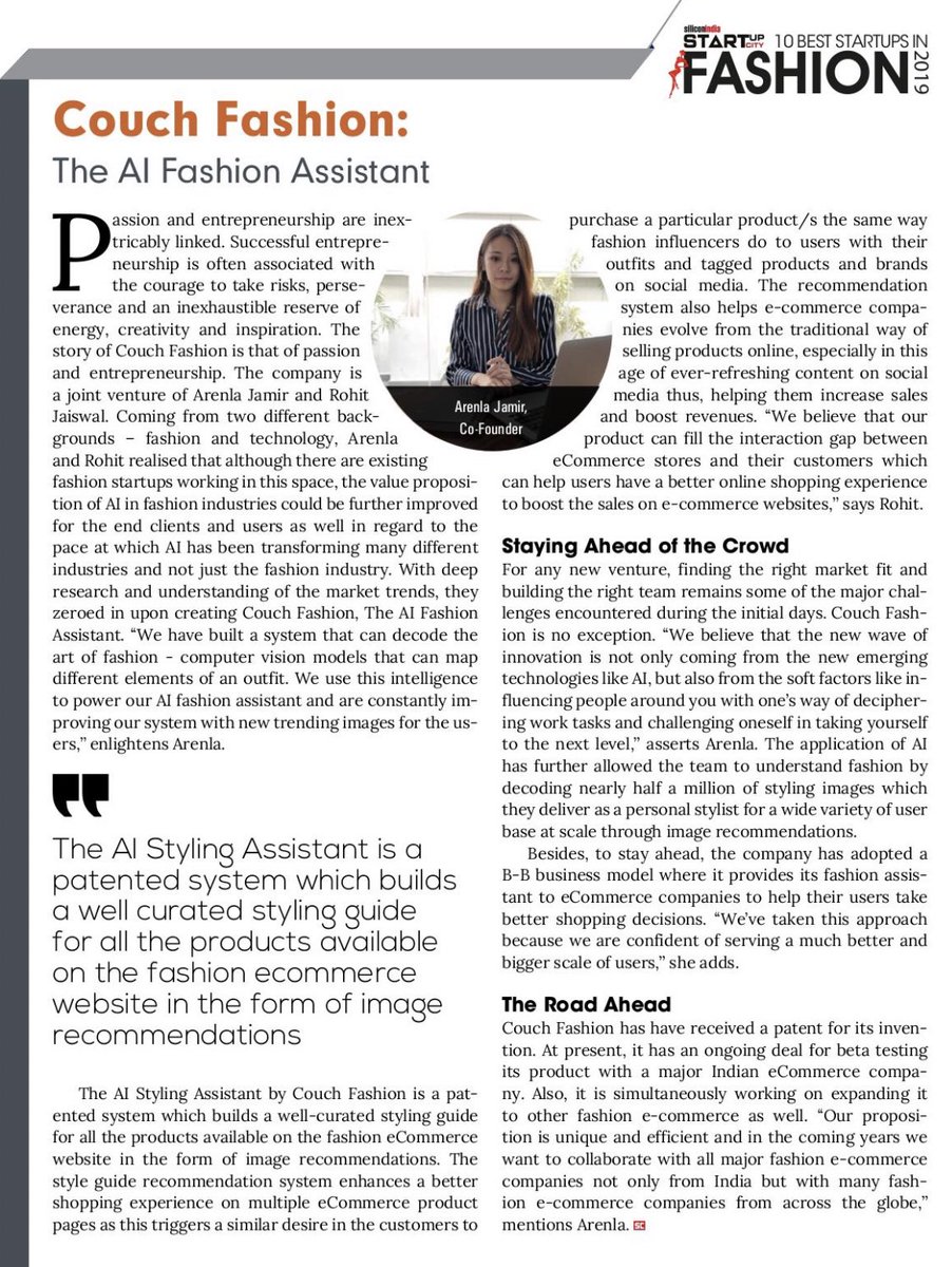 So thrilled to share this news. Couch Fashion featured under ‘10 Best Startups in Fashion 2019’ for Silicon India Magazine.