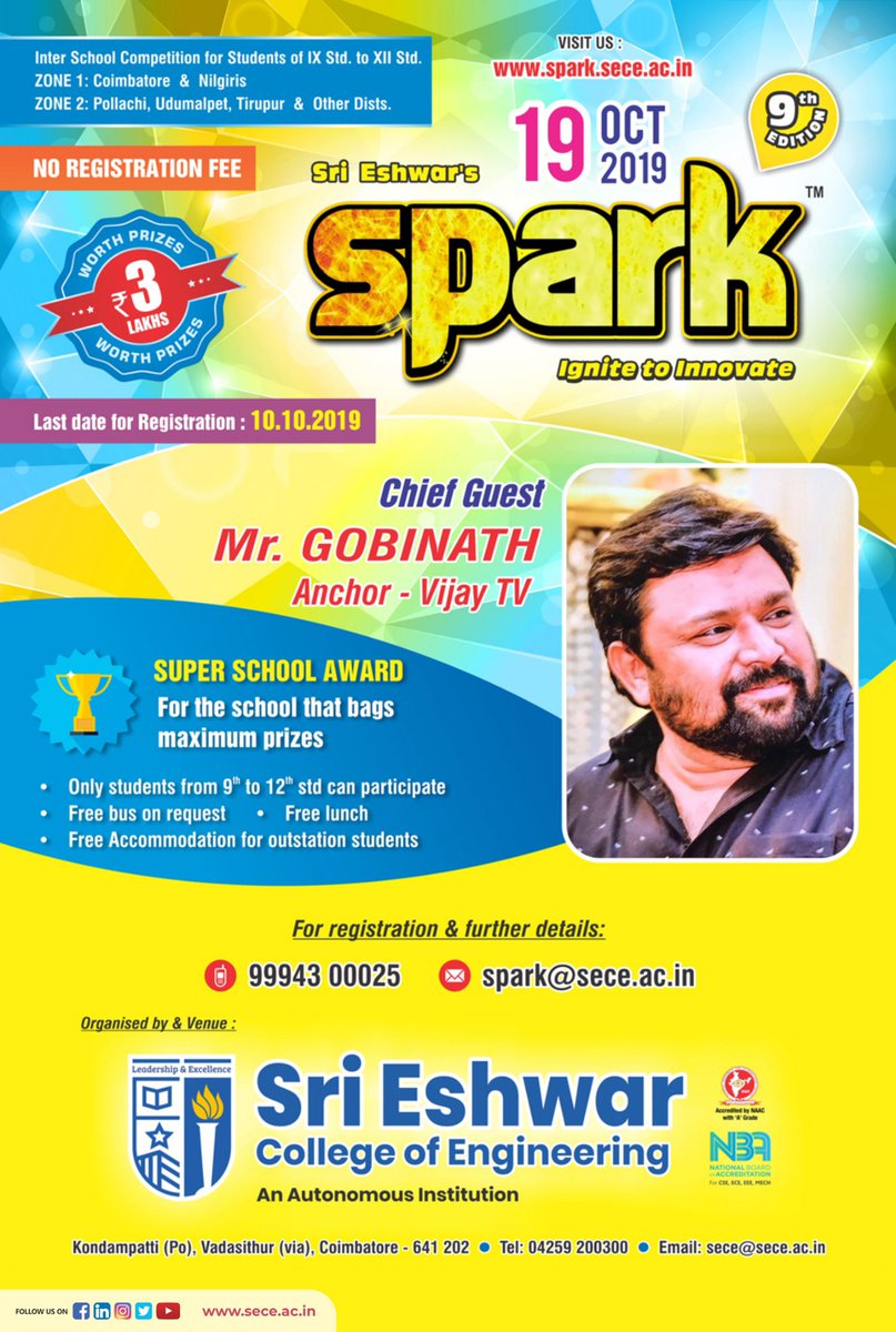 eshwar_of's tweet photo. Neeya Naana fame Mr.Gopinath to 
anchor SECE’s annual event SPARK, 
for school children on 19th October 2019 https://t.co/ngymXCJTLf