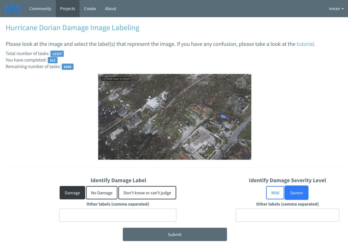 Together with volunteers from <a href="/MontCoCERT/">Montgomery Co CERT</a> (<a href="/EmergencyComms/">Steve Peterson</a>), we have launched a large-scale image labeling effort to identify the severity of damage caused by #HurricaneDorian &amp; train more accurate image processing models of AIDR system developed at <a href="/QatarComputing/">QCRI | معهد قطر لبحوث الحوسبة</a> <a href="/MicroMappers/">MicroMappers</a>