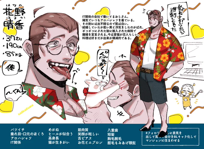 #フォロワーさんに意見を出して貰って自分をBLキャラ化してマンションに住まわせる

できましたーーー!!!要素いっぱいありがとうございます!!よかったら仲良くしてやってくださーい!!😎🙏💕 