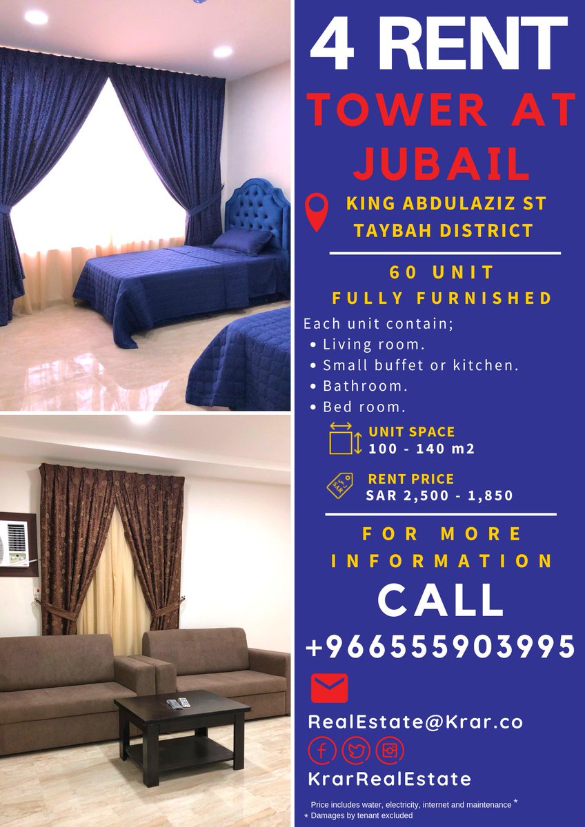 KrarRealEstate's tweet photo. Luxurious furnished apartments #4Rent in Tower At #Jubail with Seafront view, 2.5Km away from city center.
#Looking4Apartment #JIC #JUC #Jubail #FurnishedApartment #SeafrontView #KrarRealEstate https://t.co/Fudbp0gdzX