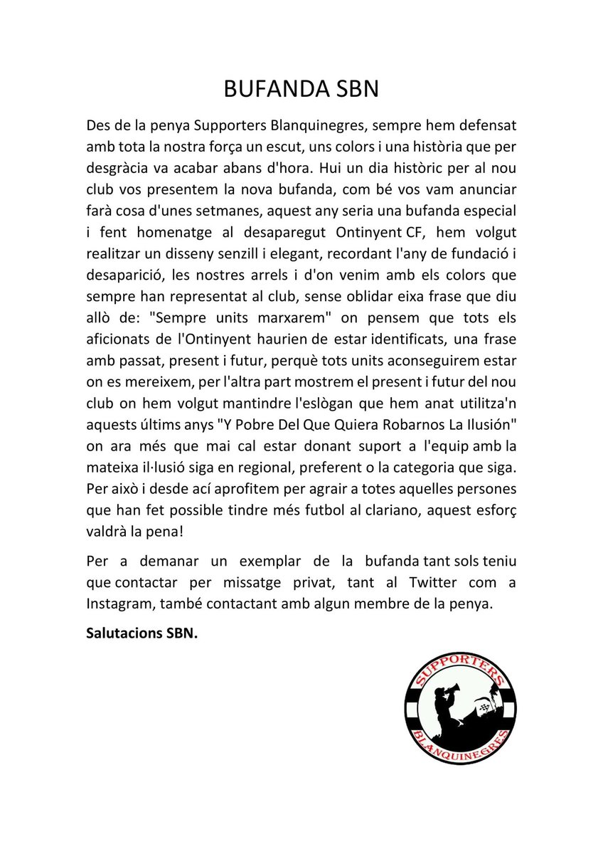 Hui dia històric per al club  i nosaltres aprofitem per a presentar les nostres bufandes🤯, com bé vos vam dir fa unes setmanes aquest any som especials, no dubteu i adquiriu la vostra😉, contacta'ns per missatge privat📩 o algun component de la penya📲